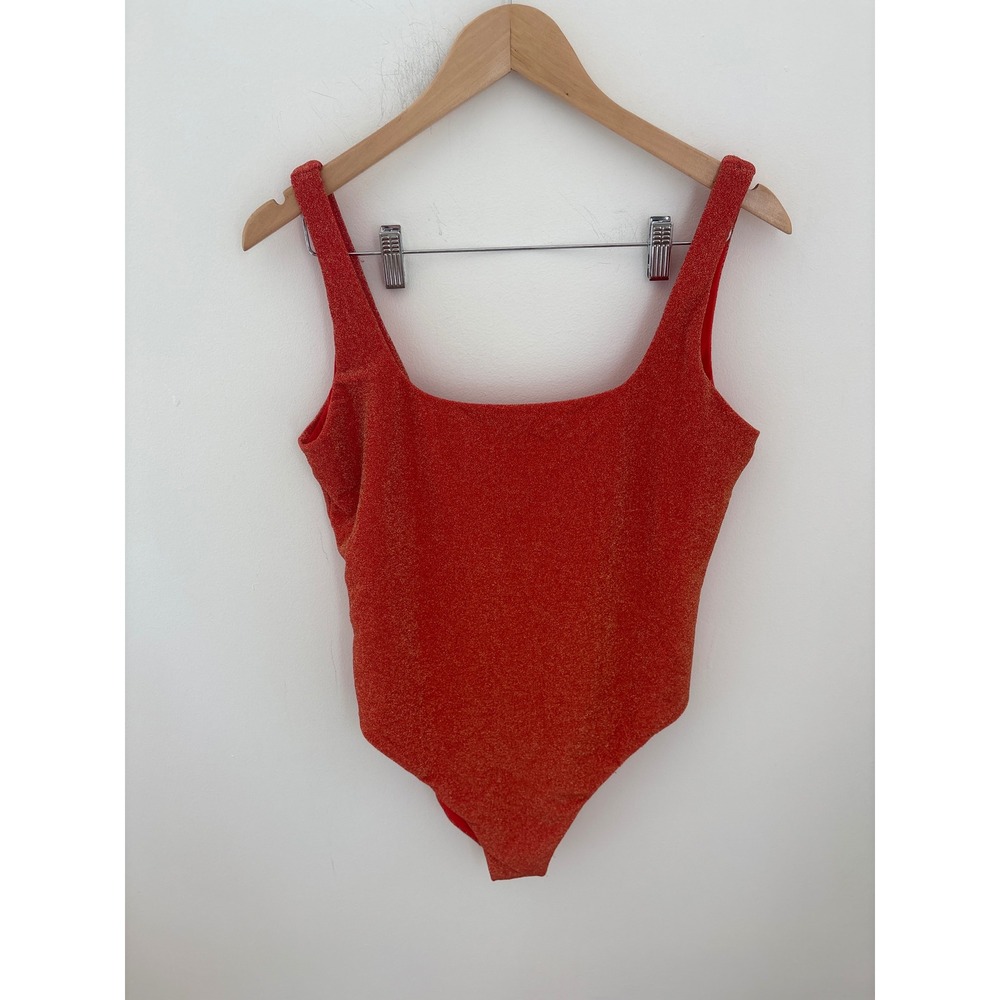 Aerie Real Good Red Gold Shimmer One‎ Piece Cheekiest Swimsuit XL Square Neck